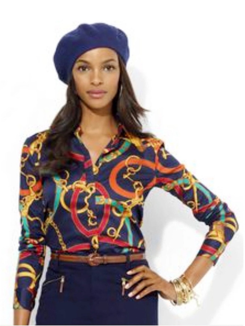 Ralph Lauren silk Navy Chain-Print Button Down Shirt